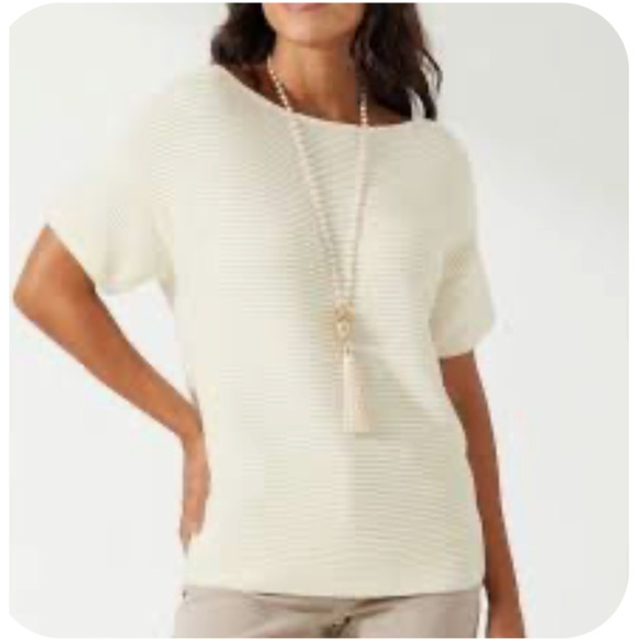 Tommy Bahama Blouse Womens S Ivory Ribbed Knit Sparkle Boat Neck Drop Shoulder - Picture 13 of 14